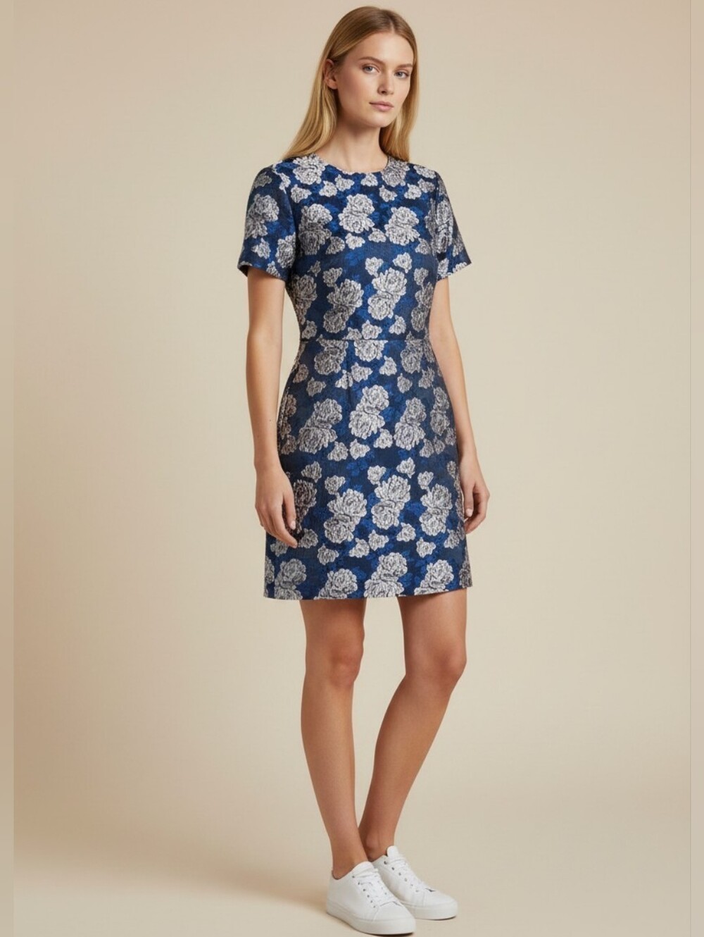 Endless Rose Blue Floral Jacquard Short Sleeve Shift Dress